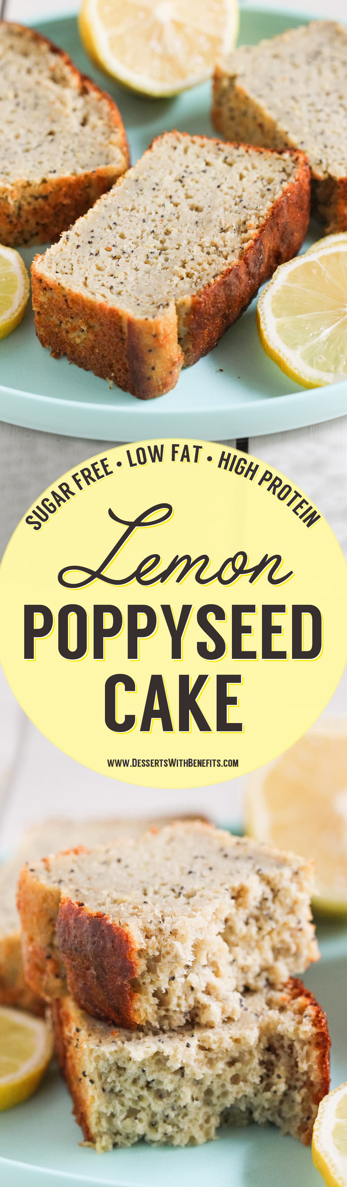 This Healthy Lemon Poppyseed Cake doesn't taste healthy in the slightest! It's sweet, it's moist, it's springy and fluffy -- everything a cake should be. The only difference is that this recipe is sugar free, low fat, high protein, and 100% whole grain! Healthy Dessert Recipes with sugar free, low calorie, low fat, low carb, high protein, gluten free, dairy free, vegan, and raw options at the Desserts With Benefits Blog (www.DessertsWithBenefits.com)
