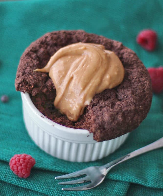 You can make this Healthy Single-Serving Chocolate Microwave Muffin with Peanut Butter Icing in 5 minutes flat! It's guilt-free, sugar free, low fat, high protein, high fiber, gluten free, dairy free, and vegan, but without the healthy taste!