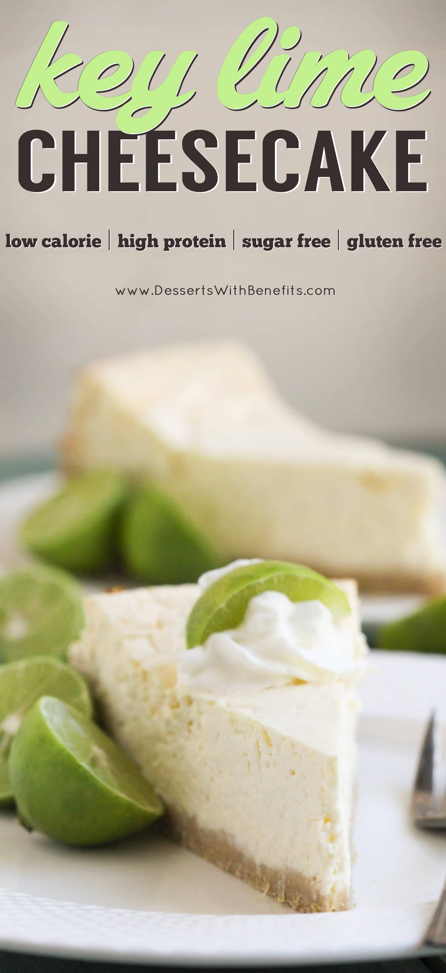 This Healthy Key Lime Cheesecake tastes like Key Lime Pie but in CHEESECAKE form! Each bite is sweet, refreshing, and delicious, you'd never suspect it's sugar free, gluten free, and high protein. -- Healthy Dessert Recipes with sugar free, low calorie, low fat, high protein, gluten free, dairy free and vegan options at the Desserts With Benefits Blog (www.DessertsWithBenefits.com)