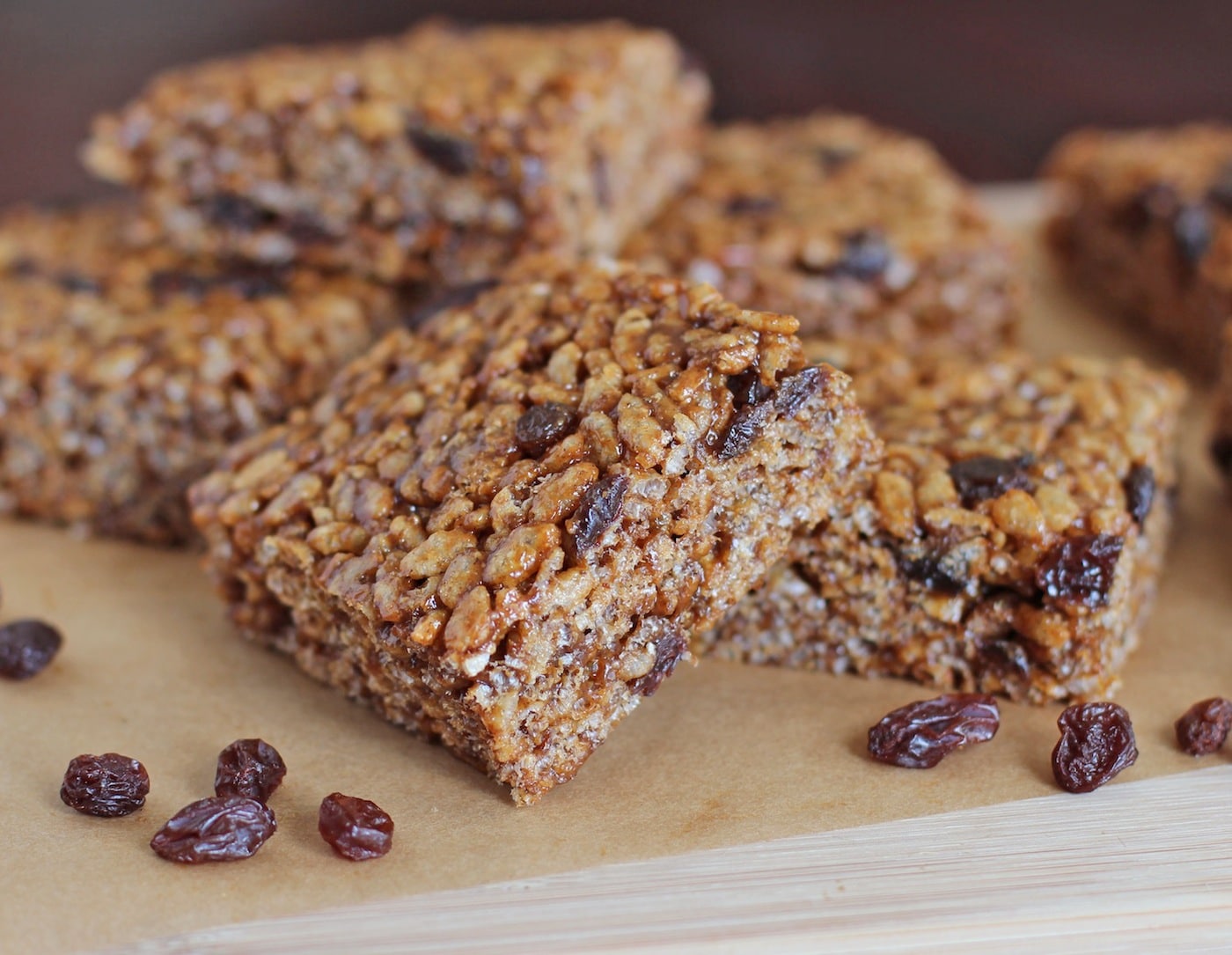 These Healthy Cinnamon Raisin Peanut Butter Krispy Treats are crunchy, chewy, sweet, and satisfying, you'd never know they're high protein and gluten free!