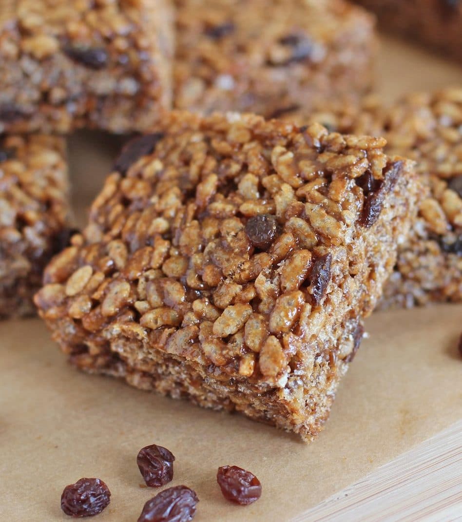 These Healthy Cinnamon Raisin Peanut Butter Krispy Treats are crunchy, chewy, sweet, and satisfying, you'd never know they're high protein and gluten free!