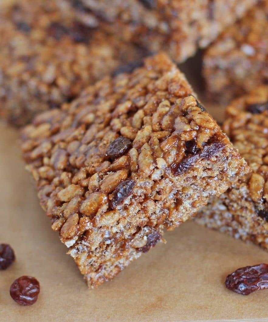 These Healthy Cinnamon Raisin Peanut Butter Krispy Treats are crunchy, chewy, sweet, and satisfying, you'd never know they're high protein and gluten free!