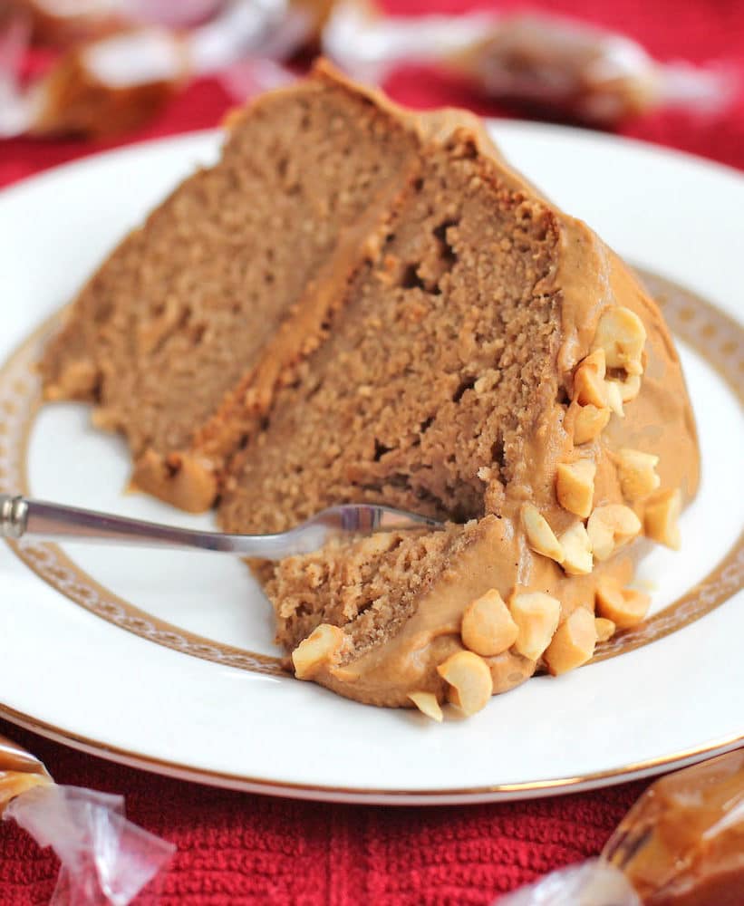 This Healthy Peanut Butter Banana Cake is topped with a Caramel Frosting, and it's totally guilt free, refined sugar free, high protein, and gluten free!