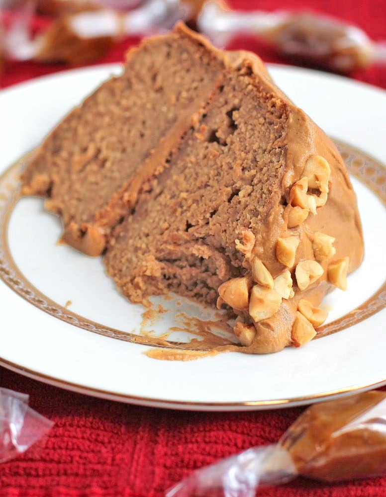 This Healthy Peanut Butter Banana Cake is topped with a Caramel Frosting, and it's totally guilt free, refined sugar free, high protein, and gluten free!