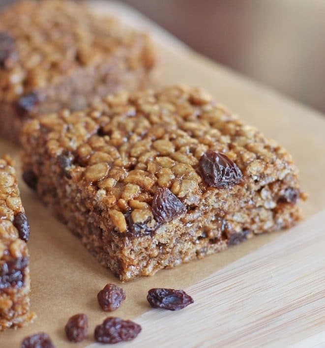 These Healthy Cinnamon Raisin Peanut Butter Krispy Treats are crunchy, chewy, sweet, and satisfying, you'd never know they're high protein and gluten free!