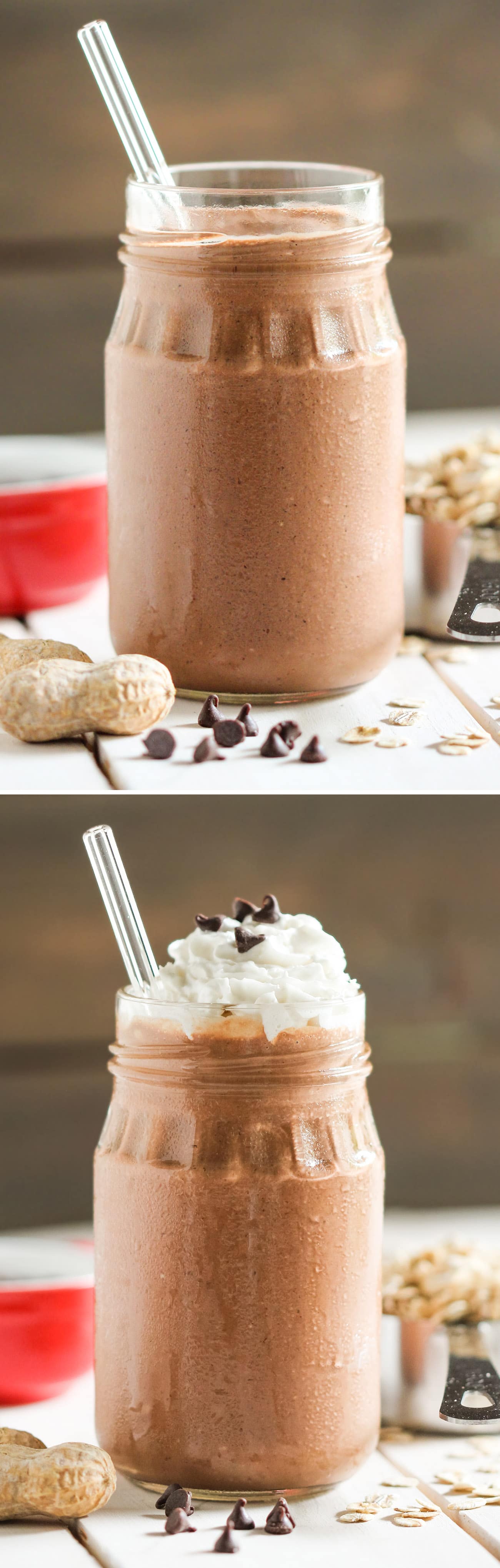The most delicious, rich, and creamy Healthy Chocolate Peanut Butter Oatmeal Smoothie! Made with cocoa, peanut flour, and rolled oats, you’ll not only get a FLAVOR BOMB of a smoothie, but you’ll get some protein, fiber, antioxidants, vitamins, and minerals too! Healthy Dessert Recipes with sugar free, low calorie, low fat, low carb, high protein, gluten free, dairy free, vegan, and raw options at the Desserts With Benefits Blog (www.DessertsWithBenefits.com)