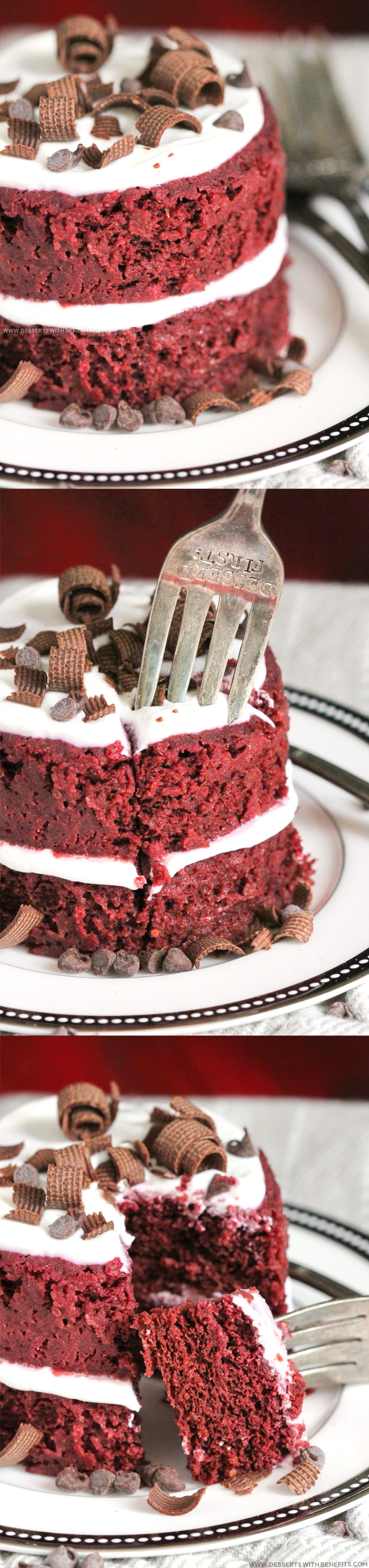 Healthy Single-Serving Red Velvet Microwave Cake recipe -- soft, fluffy, and sweet, and takes just a few minutes to make and "bake!" (refined sugar free, low fat, high fiber, gluten free, dairy free, vegan, eggless) -- Healthy Dessert Recipes at Desserts with Benefits