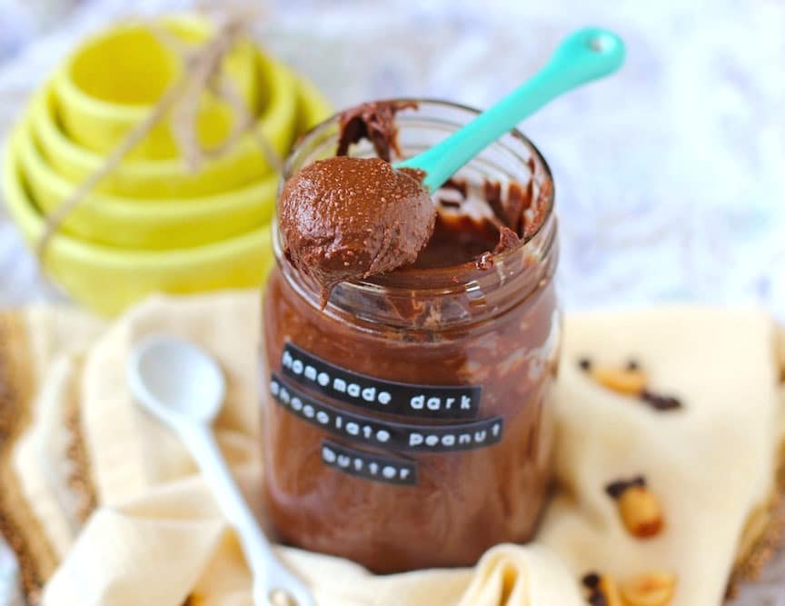 This Healthy Homemade Dark Chocolate Peanut Butter is sweet, rich, and SUPER chocolatey, yet low sugar, high fiber, gluten free, dairy free, and vegan! -- Healthy Dessert Recipes at the Desserts With Benefits Blog