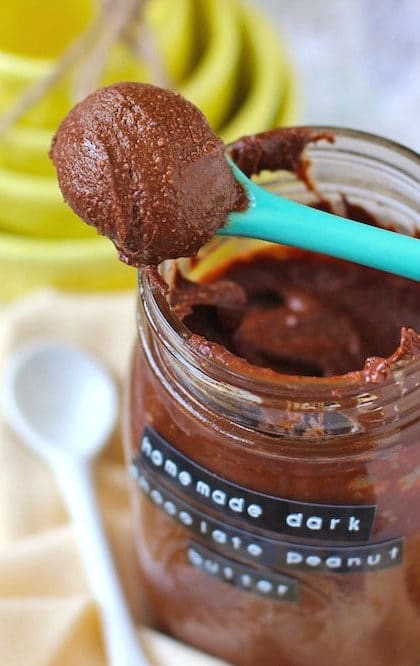 This Healthy Homemade Dark Chocolate Peanut Butter is sweet, rich, and SUPER chocolatey, yet low sugar, high fiber, gluten free, dairy free, and vegan! -- Healthy Dessert Recipes at the Desserts With Benefits Blog