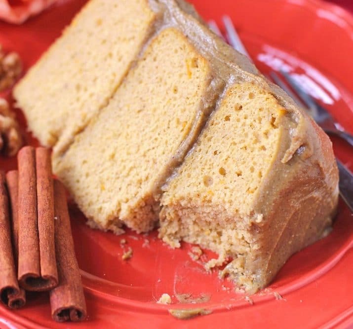 Healthy Pumpkin Cake with Butterscotch Frosting (gluten free, sugar free, low fat, high protein)