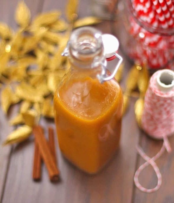 This Healthy Butterscotch Pumpkin Spice Syrup is so delicious you'd never know it's fat free, sugar free, and low carb, with just 2 calories per tablespoon! -- Healthy Dessert Recipes at the Desserts With Benefits Blog