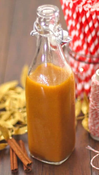 This Healthy Butterscotch Pumpkin Spice Syrup is so delicious you'd never know it's fat free, sugar free, and low carb, with just 2 calories per tablespoon! -- Healthy Dessert Recipes at the Desserts With Benefits Blog