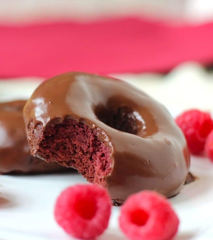 Healthy Baked Red Velvet Cake Donuts with Chocolate Fudge Glaze (sugar free, low fat, gluten free)