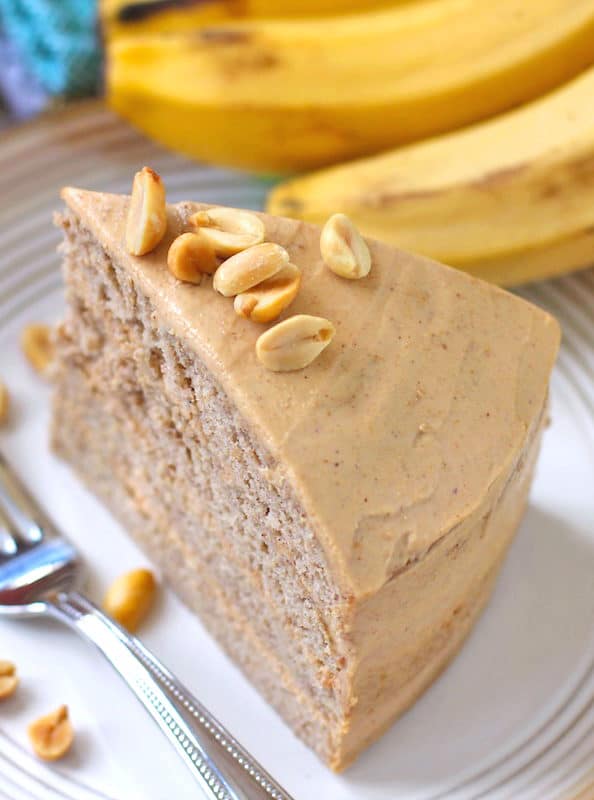 healthy banana cake with peanut butter frosting