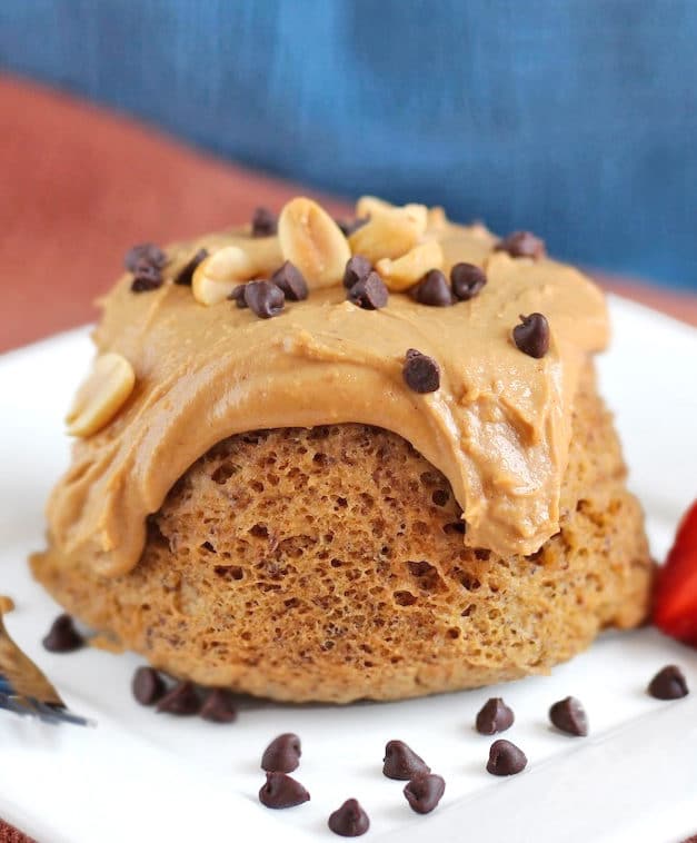 You can make this Healthy Single-Serving Peanut Butter Microwave Cake with Peanut Butter Frosting in 5 minutes, and it doesn't taste healthy one bit!