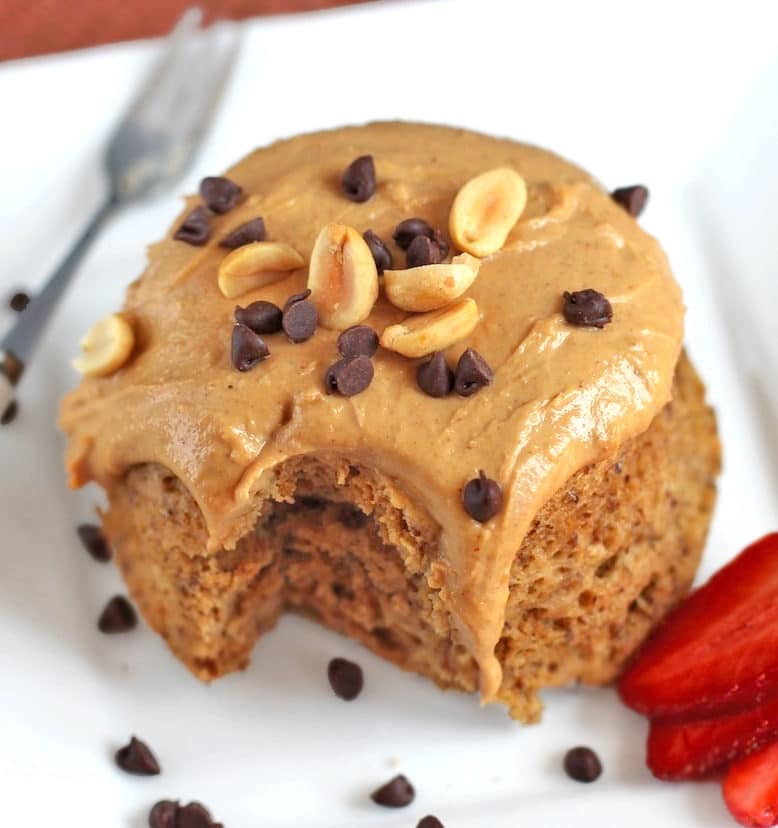 You can make this Healthy Single-Serving Peanut Butter Microwave Cake with Peanut Butter Frosting in 5 minutes, and it doesn't taste healthy one bit!