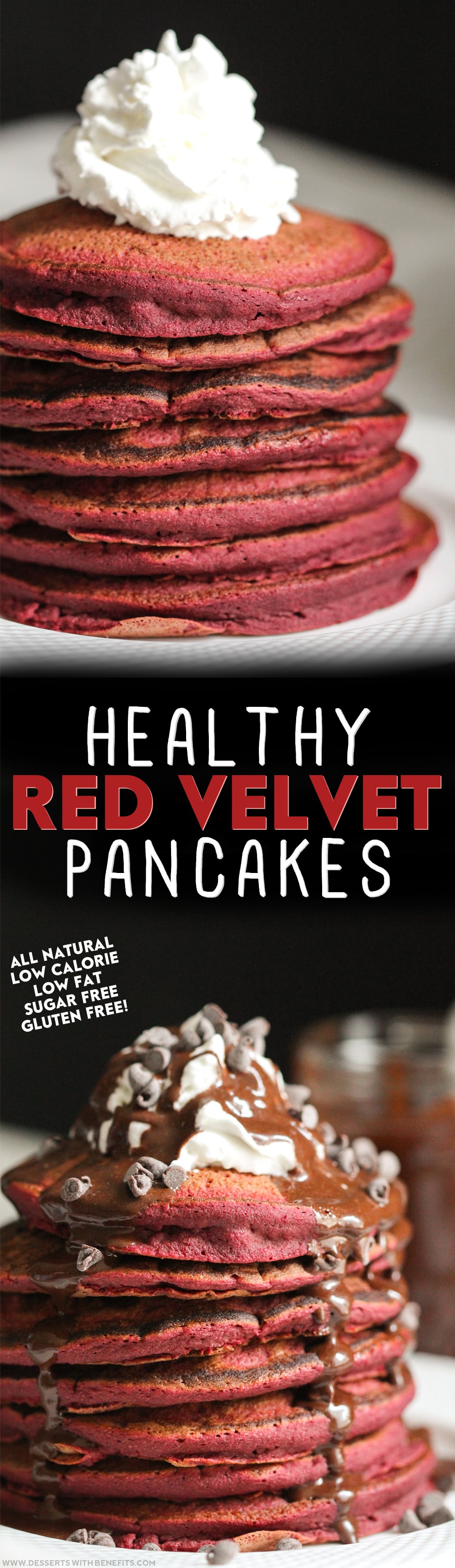 Healthy Red Velvet Pancakes recipe – the softest, fluffiest, sweetest guilt-free pancakes in all the land! (refined sugar free, low fat, high fiber, high protein, gluten free, and dairy free) -- Healthy Dessert Recipes at Desserts with Benefits