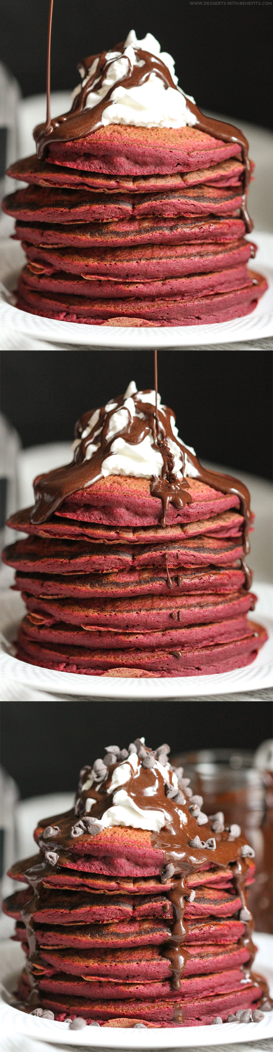 Healthy Red Velvet Pancakes recipe – the softest, fluffiest, sweetest guilt-free pancakes in all the land! (refined sugar free, low fat, high fiber, high protein, gluten free, and dairy free) -- Healthy Dessert Recipes at Desserts with Benefits