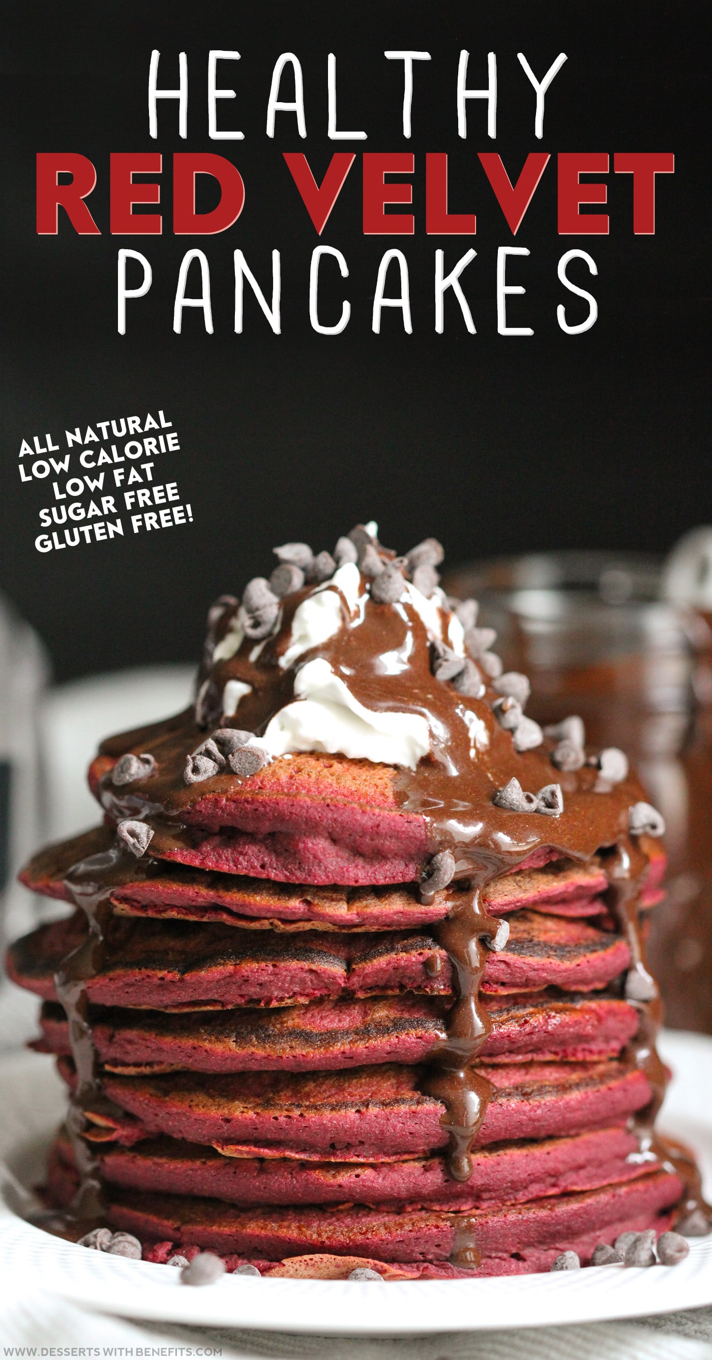 Healthy Red Velvet Pancakes recipe – the softest, fluffiest, sweetest guilt-free pancakes in all the land! (refined sugar free, low fat, high fiber, high protein, gluten free, and dairy free) -- Healthy Dessert Recipes at Desserts with Benefits