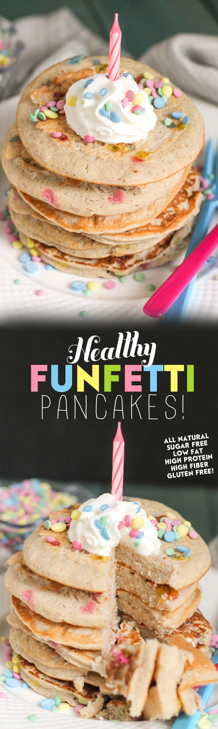 Healthy Funfetti Pancakes (all natural, refined sugar free, low fat, high protein, high fiber, gluten free and dairy free) - Healthy Dessert Recipes at Desserts with Benefits