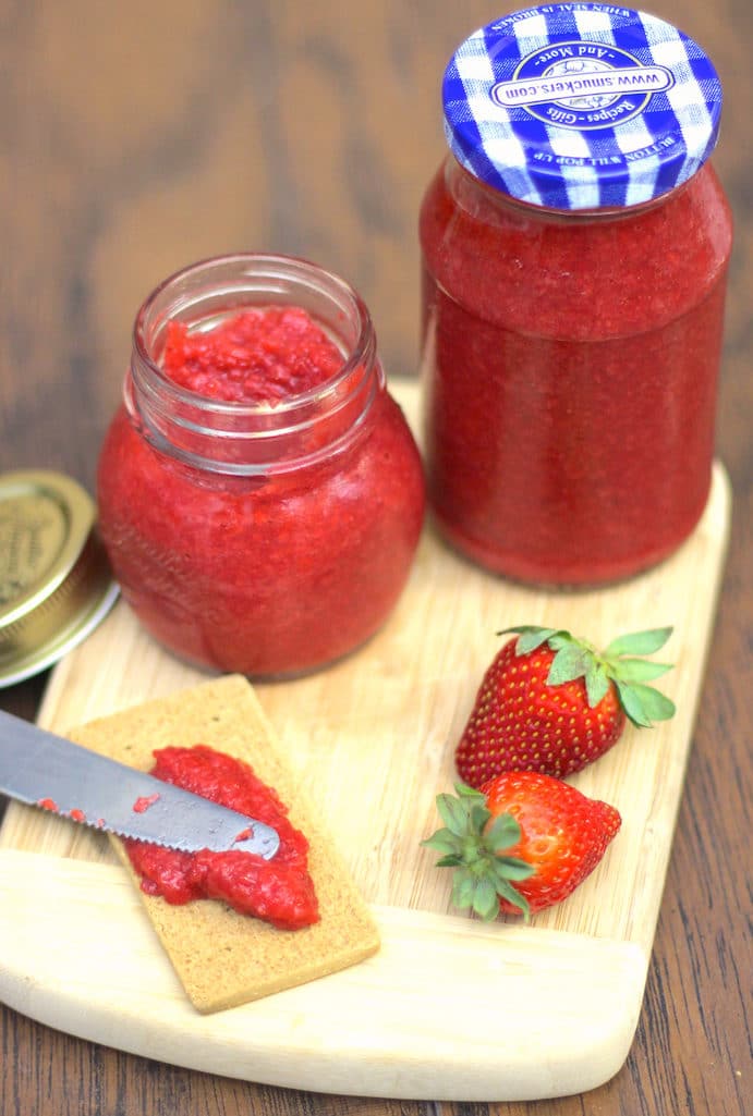 This Healthy Homemade Sugar Free Strawberry Jam is made with sweet, fresh strawberries, and none of the added sugar or corn syrup. It's perfect on toast!