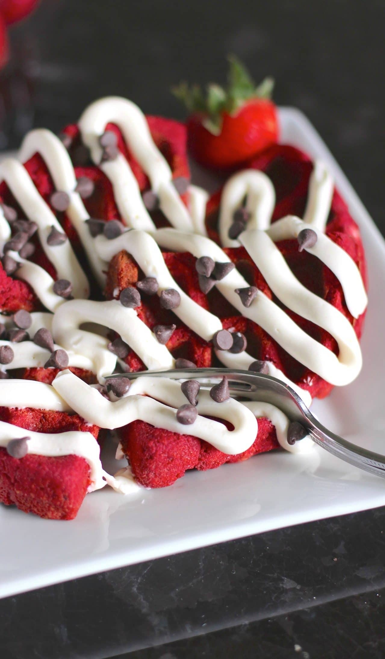 Healthy Low Carb and Gluten Free Red Velvet Waffles with Cream Cheese Frosting - Desserts with Benefits