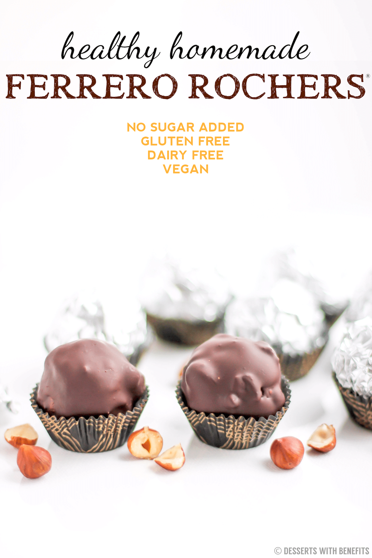 These Healthy Homemade Ferrero Rochers are super delicious and easy to make, you'd never know they're low sugar, high protein, gluten free, dairy free, vegan! -- Desserts With Benefits Blog