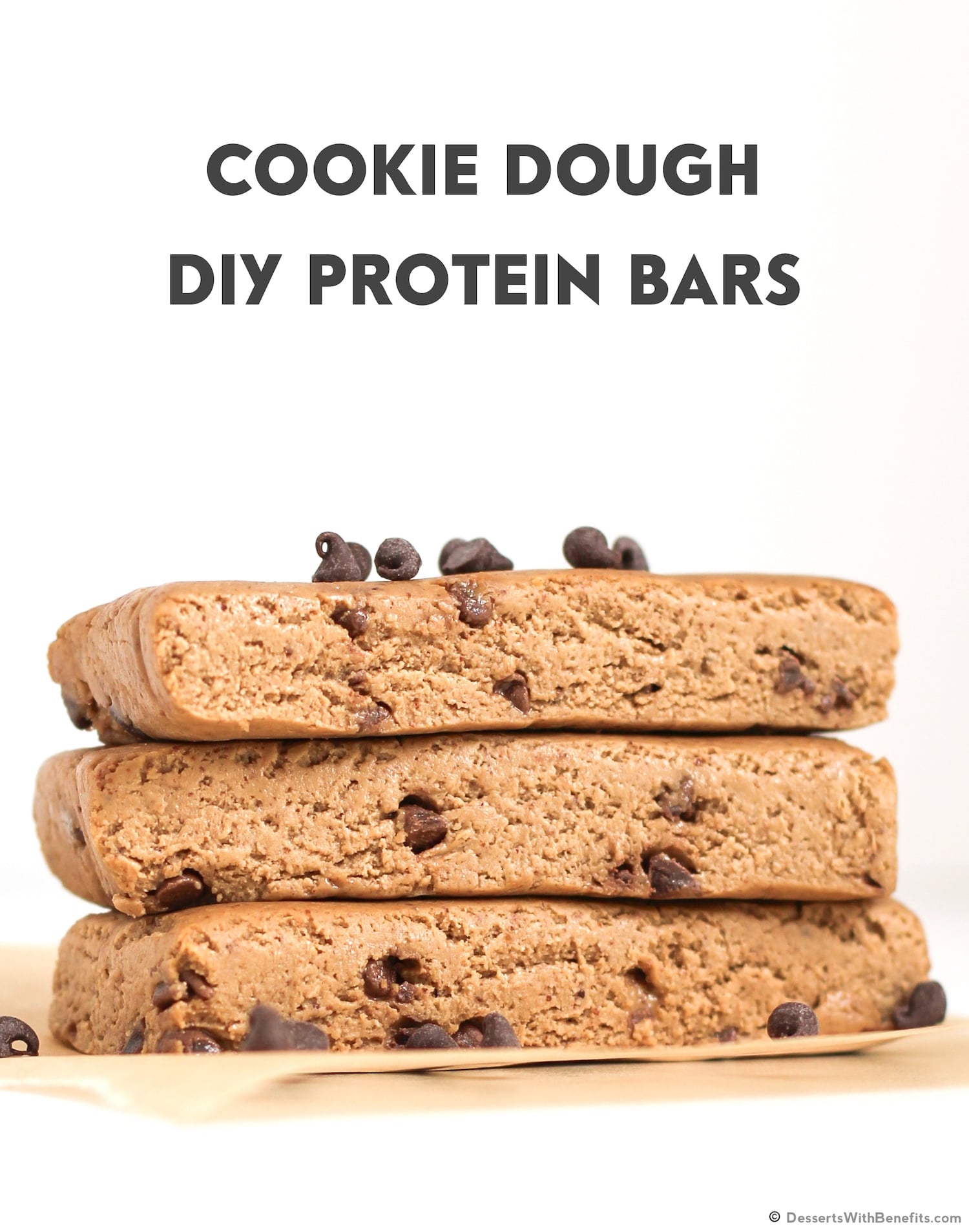 These healthy, no-bake Chocolate Chip Cookie Dough DIY Protein Bars are sweet, buttery, and delicious. Just like cookie dough out of the tub, except these are sugar free, high protein, high fiber, gluten free, dairy free, and vegan. Made with nut butter, chocolate chips, oats, and vegan protein powder. You'll never go back to store-bought bars again!