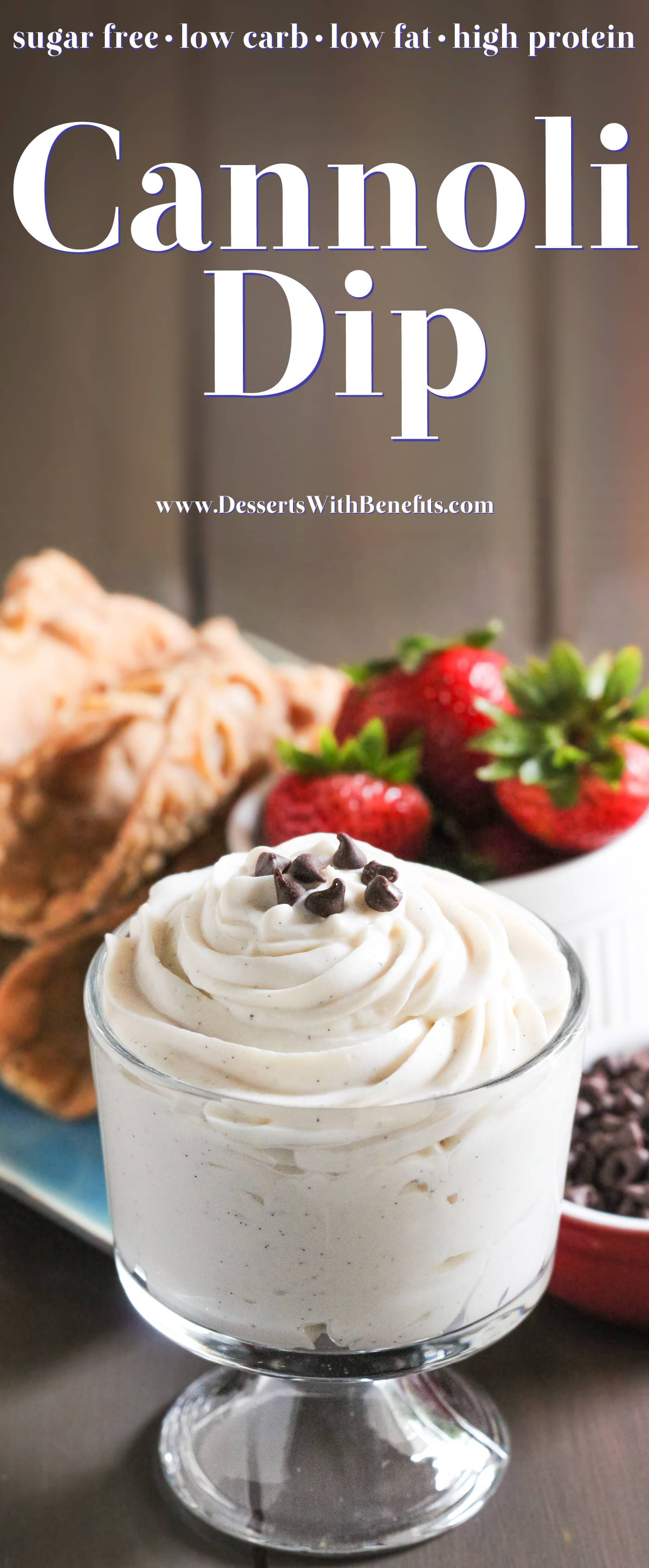 Super easy HEALTHY Cannoli Dip! Get all the flavor of that rich and creamy cannoli filling with this sweet and satisfying dip. Serve with graham crackers, animal crackers, strawberries, sliced bananas, or spoons alone. You’d never know this is sugar free, low carb, low fat, high protein, and gluten free! Healthy Dessert Recipes at the Desserts With Benefits Blog (www.DessertsWithBenefits.com)