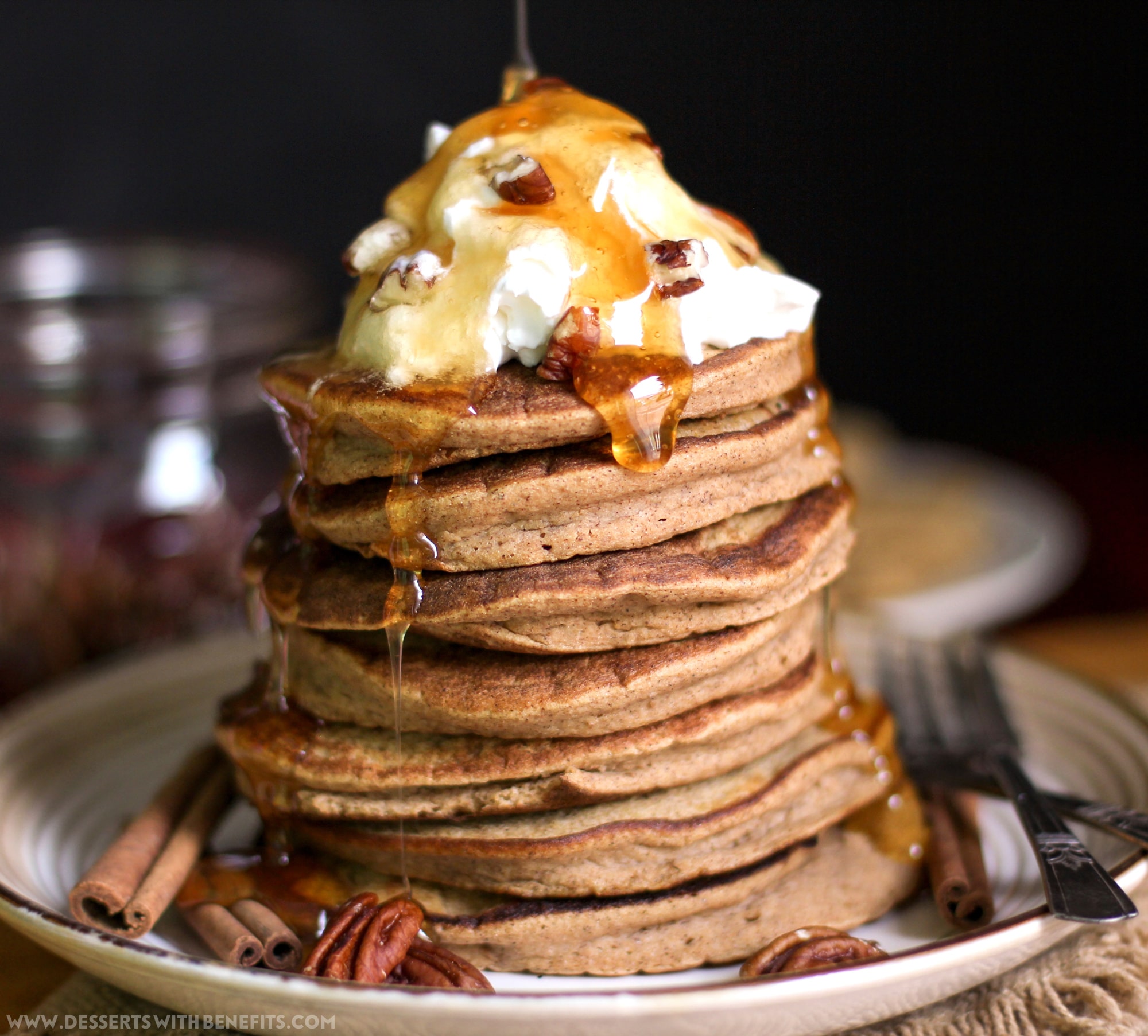 Healthy Pumpkin Pancakes recipe (sugar free, low fat, high protein, high fiber, gluten free, dairy free) - Healthy Dessert Recipes at Desserts with Benefits