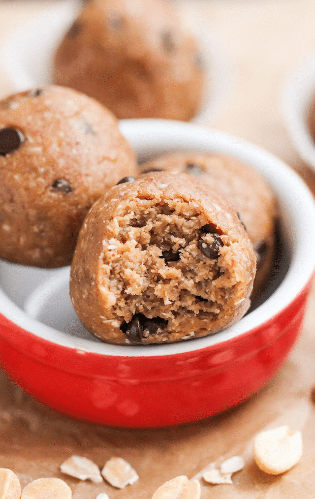 These chocolate-studded, no-bake Peanut Butter Cookie Dough Energy Bites are sweet, rich and UBER peanut buttery.  You'd never know they're low sugar, gluten free, dairy free and vegan!