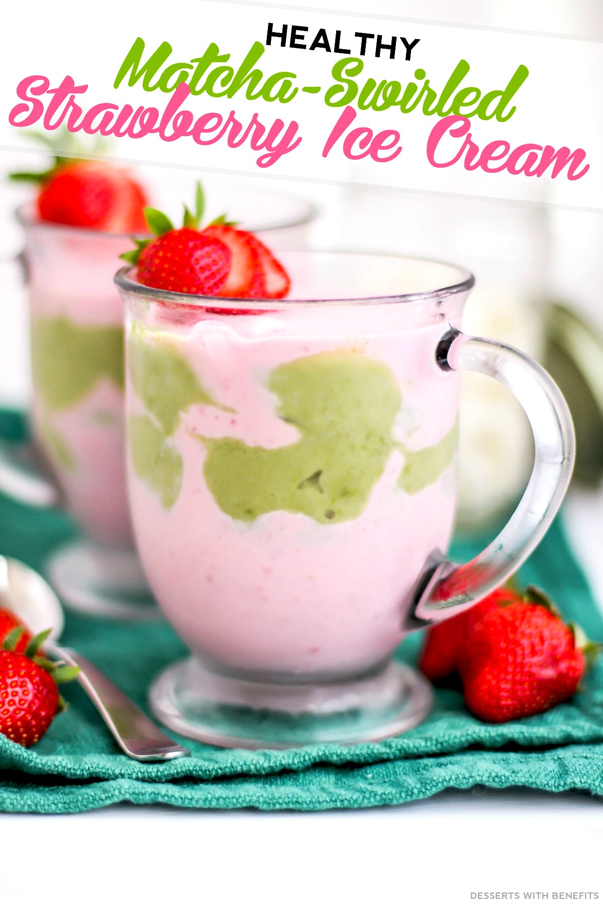 Healthy Matcha Green Tea-Swirled Strawberry Ice Cream made with Wink (refined sugar free, high protein) - Desserts with Benefits