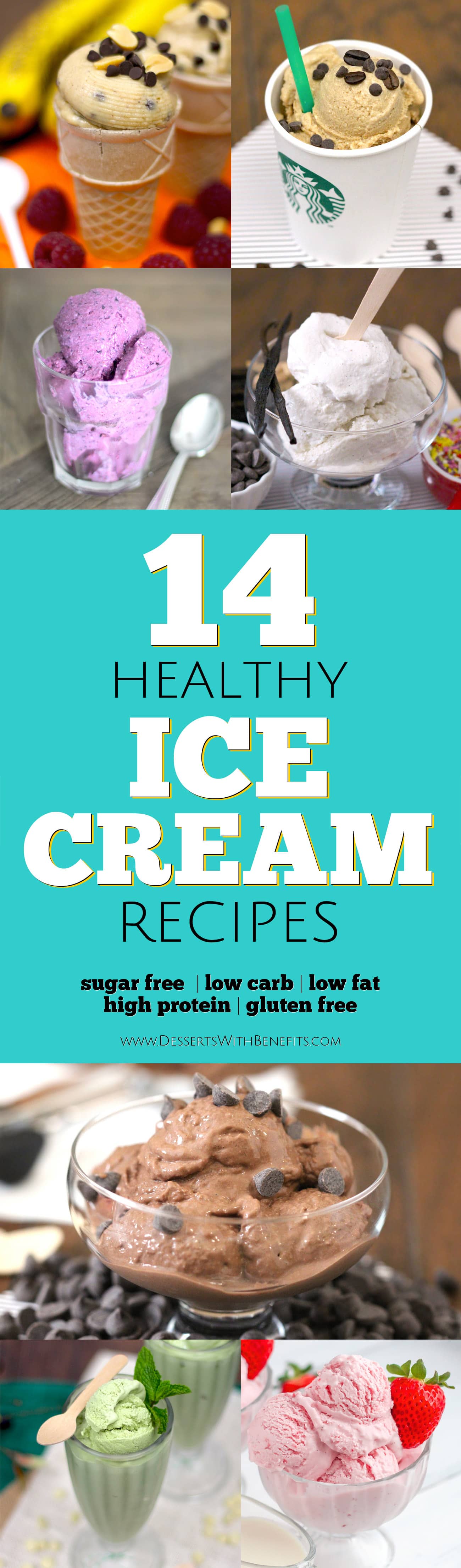 Indulge in these 14 Healthy Ice Cream recipes! You'd never know these are sugar free, low carb, low fat, and high protein (with vegan options)! -- Healthy Dessert Recipes at Desserts With Benefits