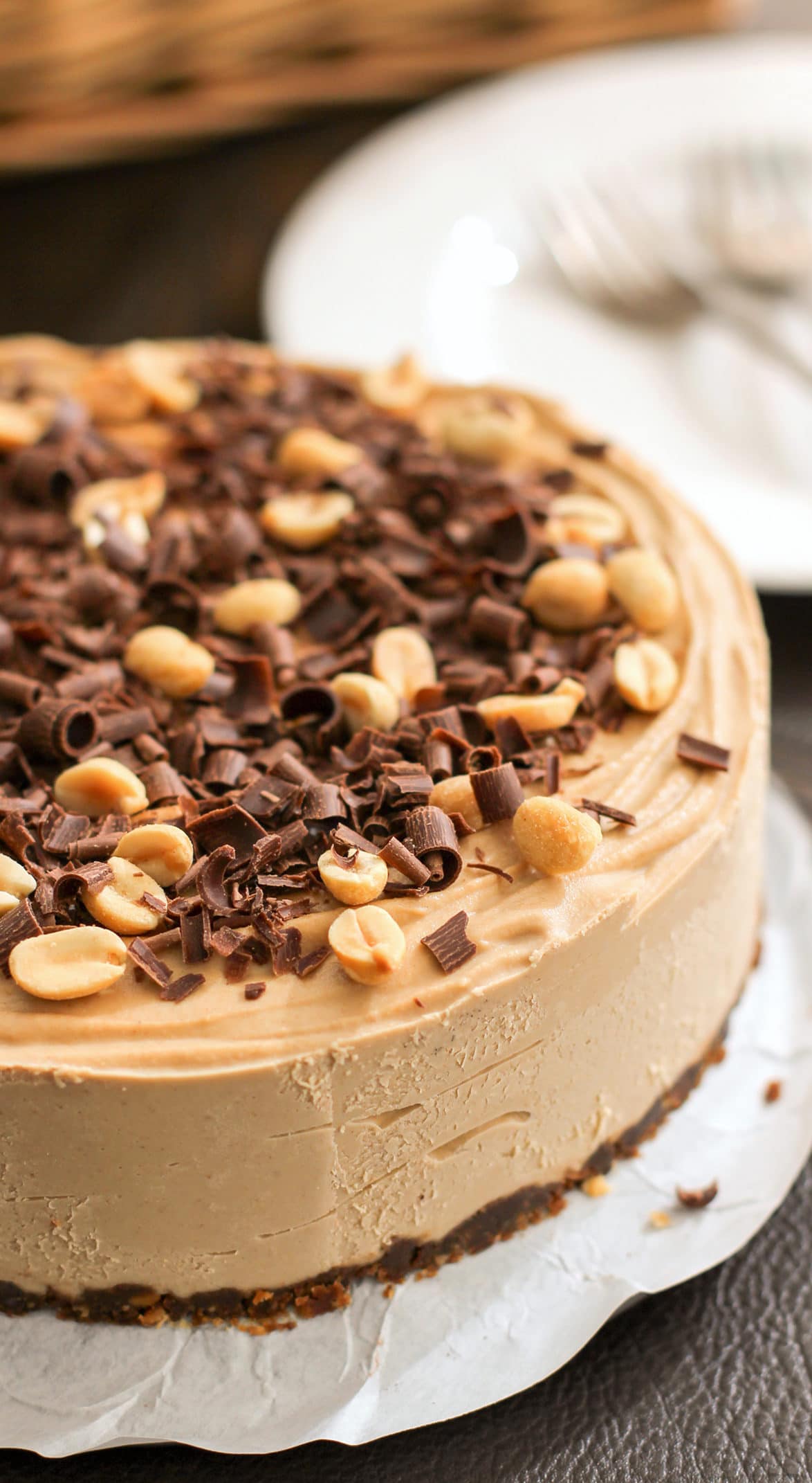 Healthy Chocolate Peanut Butter Raw Cheesecake (no bake, low sugar, high protein, high fiber, gluten free, dairy free, vegan) - Healthy Dessert Recipes at Desserts with Benefits