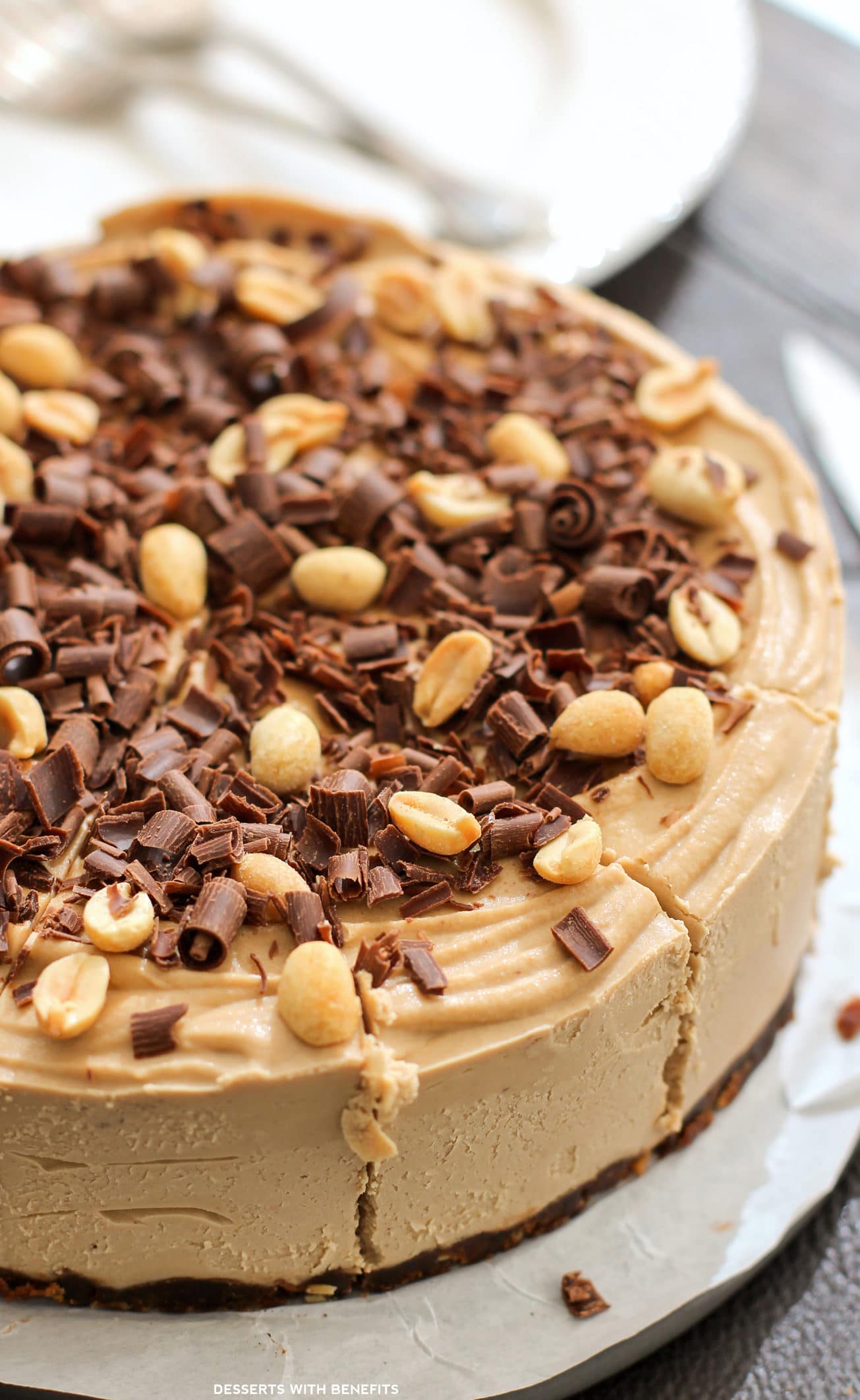 Healthy Chocolate Peanut Butter Raw Cheesecake (no bake, low sugar, high protein, high fiber, gluten free, dairy free, vegan) - Healthy Dessert Recipes at Desserts with Benefits