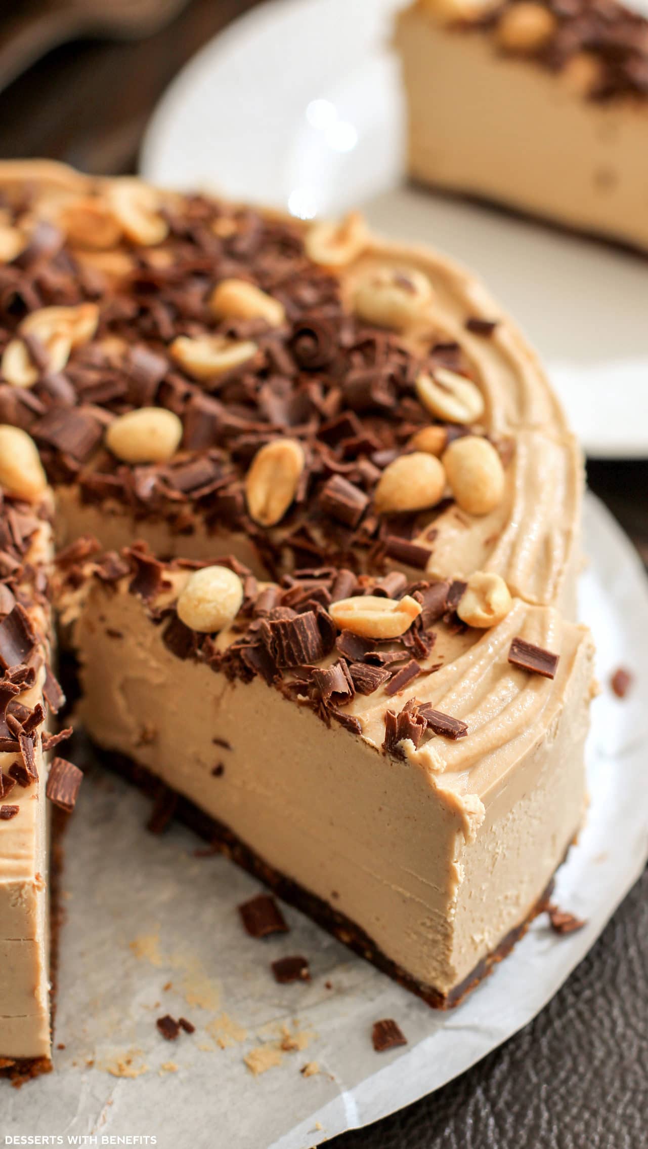 Healthy Chocolate Peanut Butter Raw Cheesecake (no bake, low sugar, high protein, high fiber, gluten free, dairy free, vegan) - Healthy Dessert Recipes at Desserts with Benefits