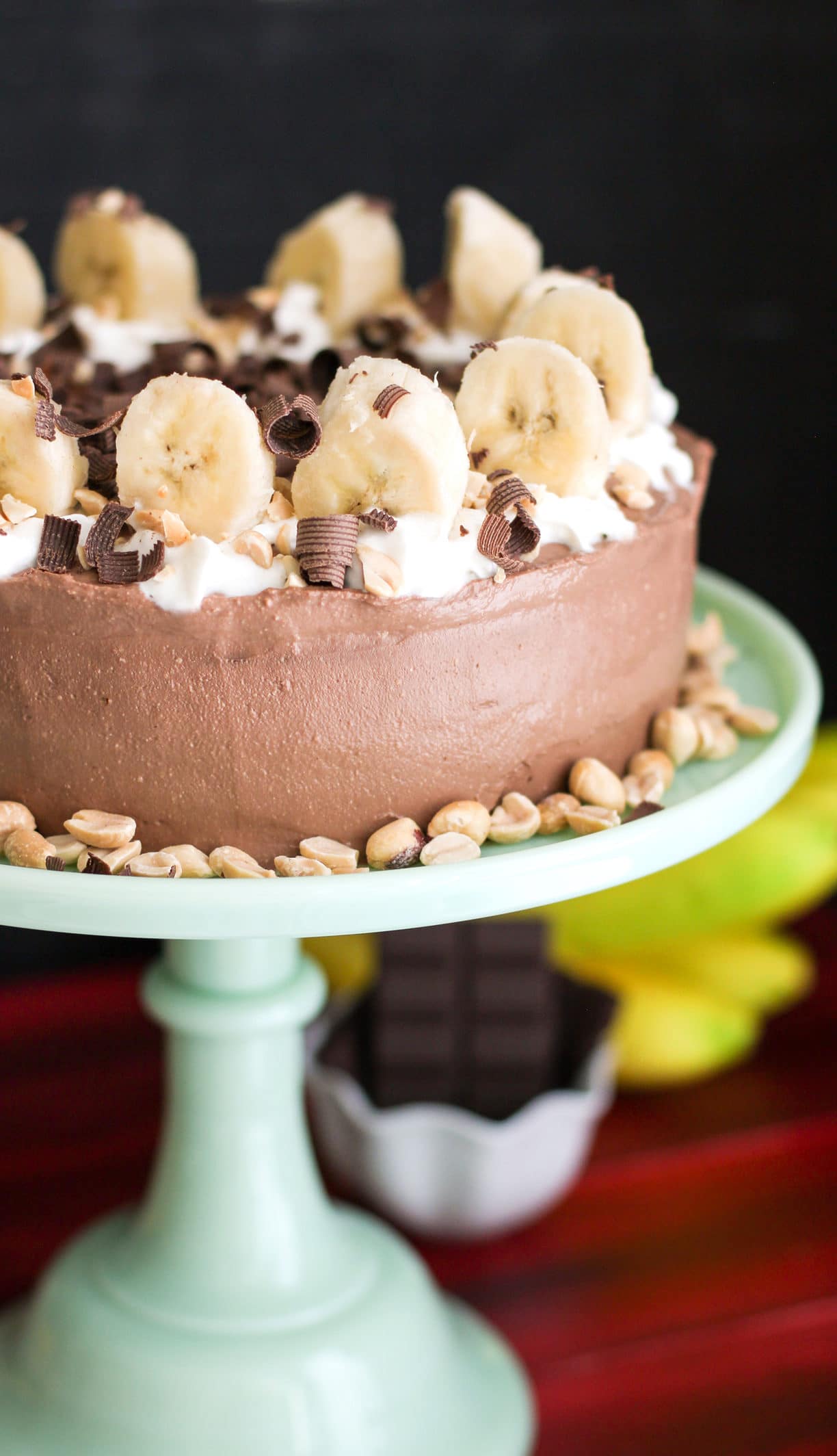 Healthy Chunky Monkey Cake: Peanut Butter Banana Cake with Chocolate Peanut Butter Frosting (refined sugar free, high protein, high fiber, gluten free) -- Healthy Dessert Recipes at Desserts with Benefits