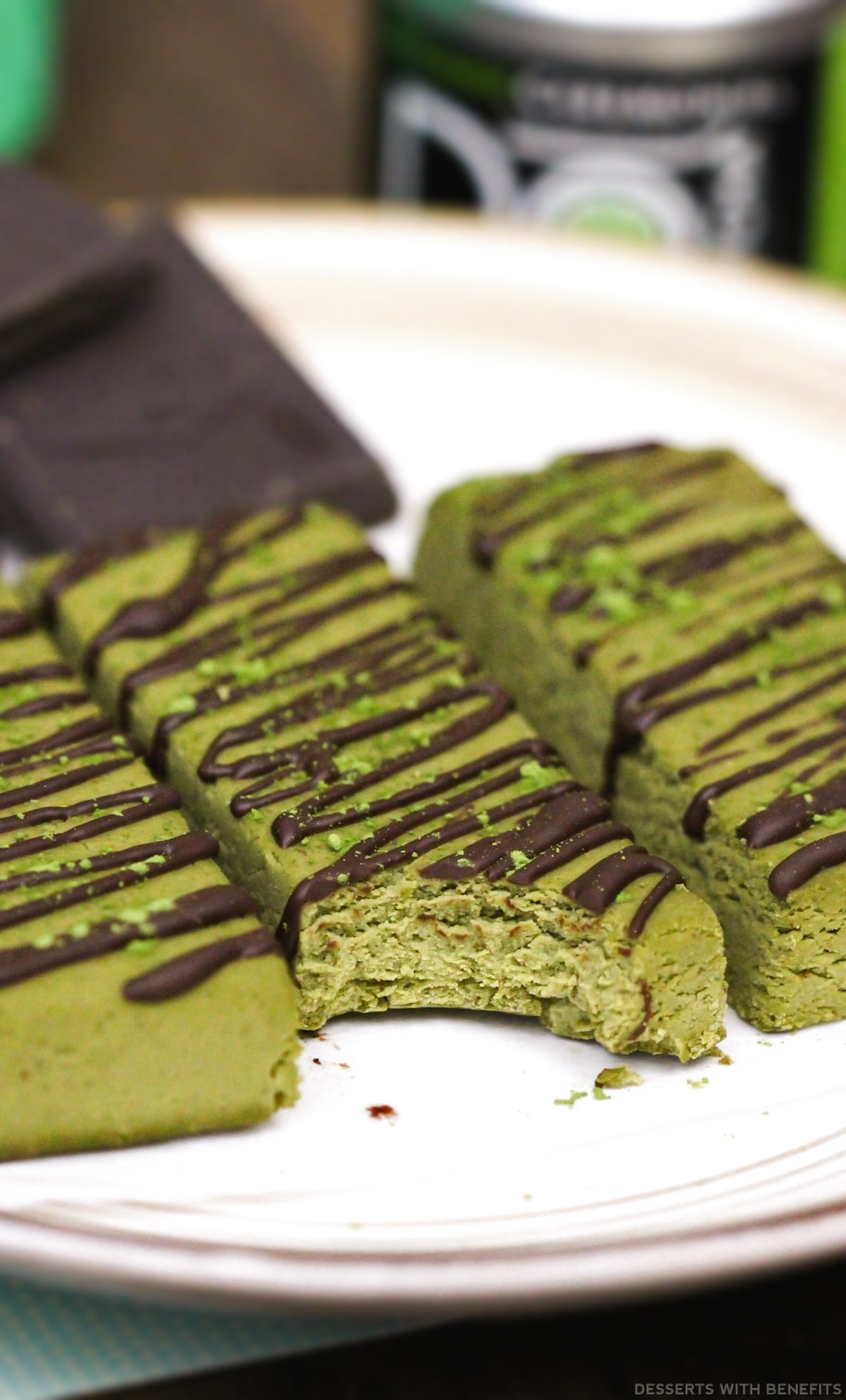 Healthy Matcha Green Tea Fudge DIY Protein Bars from the DIY Protein Bars Cookbook – authored by Jessica Stier of the Desserts with Benefits Blog