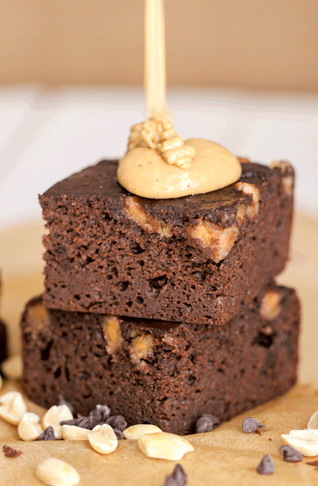 Healthy Peanut Butter Brownies with Homemade Peanut Butter Chips