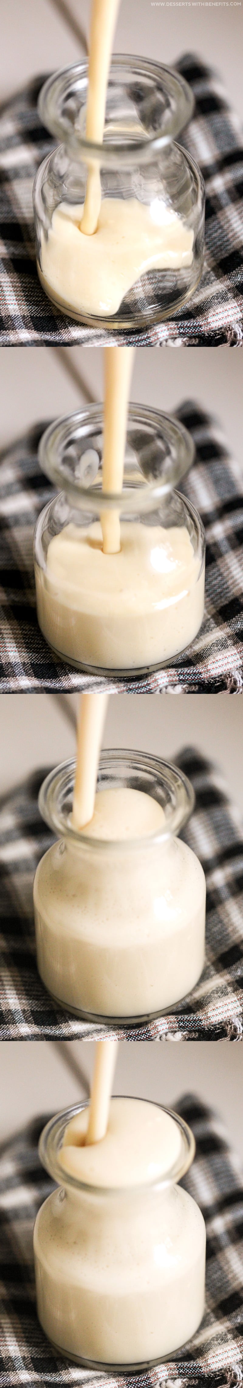 Healthy Homemade Sweetened Condensed Milk recipe -- thick, rich, and uber sweet, you’ll never need to use the canned stuff again! You’d never know it’s sugar free, fat free, low calorie, high protein, and gluten free! Healthy Dessert Recipes at Desserts with Benefits