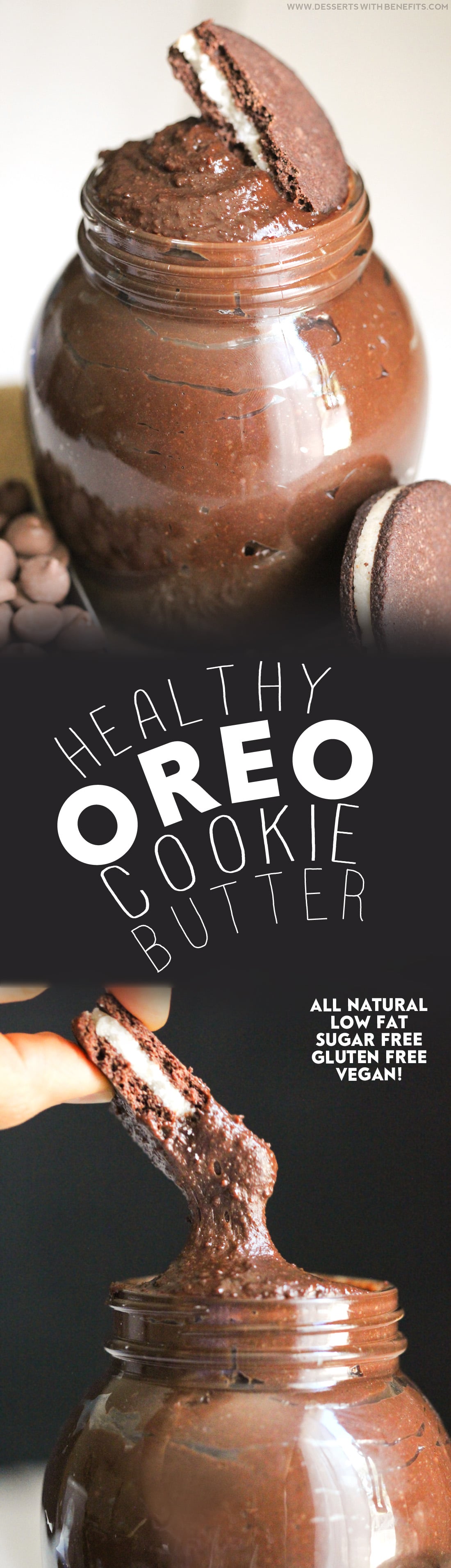Healthy Oreo Cookie Butter recipe -- thick, rich, sweet, and chocolatey, it’ll beat peanut butter and almond butter ANY DAY! You’d never know it’s sugar free, low calorie, low fat, gluten free, dairy free, and vegan! Healthy Dessert Recipes at Desserts with Benefits