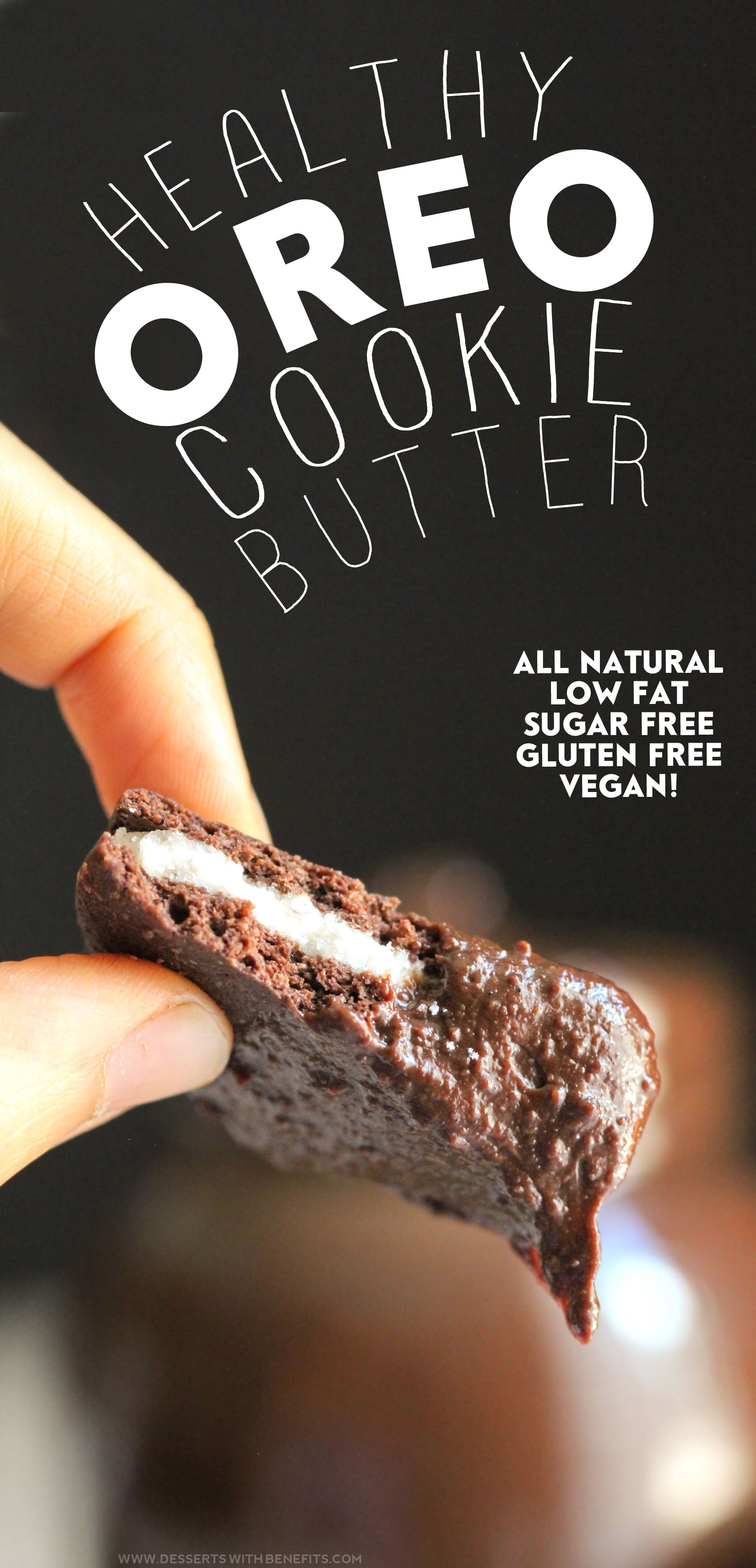 Healthy Oreo Cookie Butter recipe -- thick, rich, sweet, and chocolatey, it’ll beat peanut butter and almond butter ANY DAY! You’d never know it’s sugar free, low calorie, low fat, gluten free, dairy free, and vegan! Healthy Dessert Recipes at Desserts with Benefits