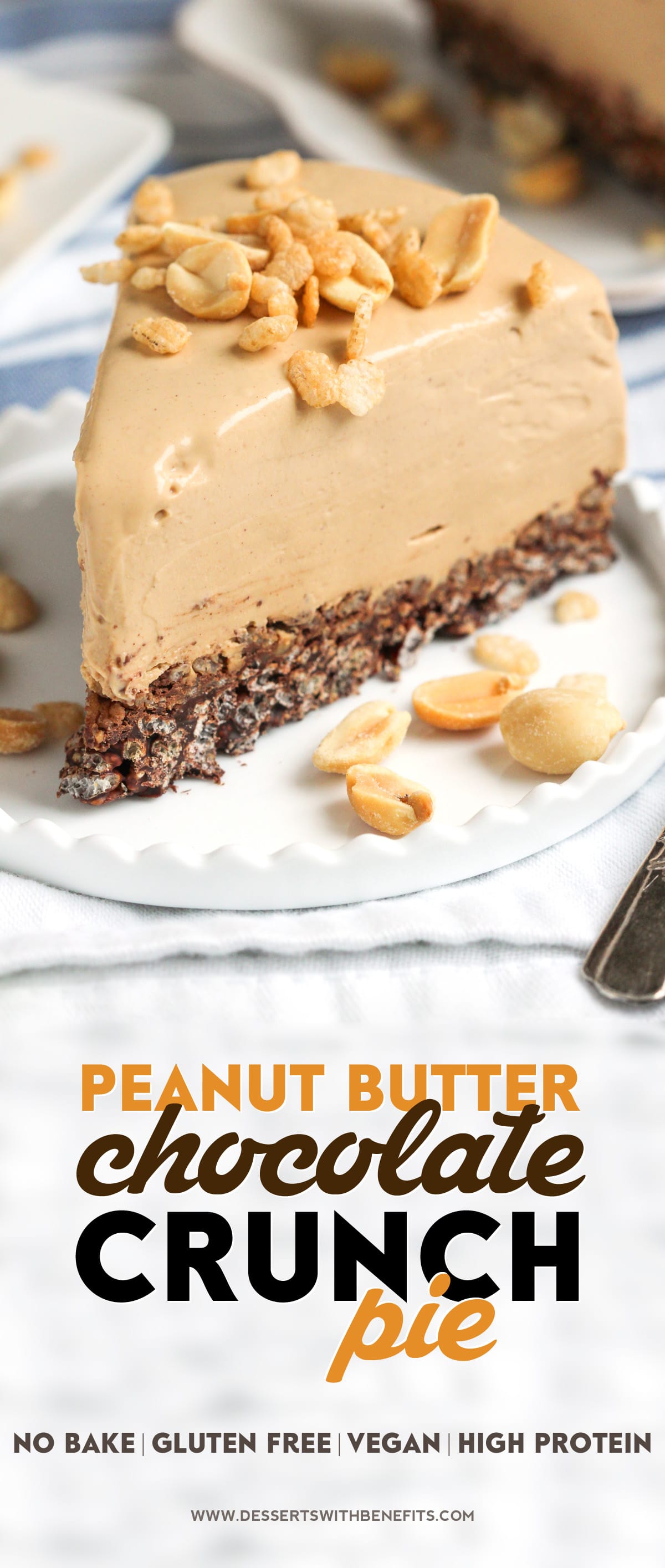 [14 healthy pie recipes to celebrate Pi Day] This Healthy Peanut Butter Chocolate Crunch Pie has got a thick, rich, and delicious peanut butter filling atop a crunchy, chocolatey base. And it’s all no-bake, low sugar, high protein, high fiber, gluten free, dairy free, and vegan. This healthy dessert recipe is magic in a slice!