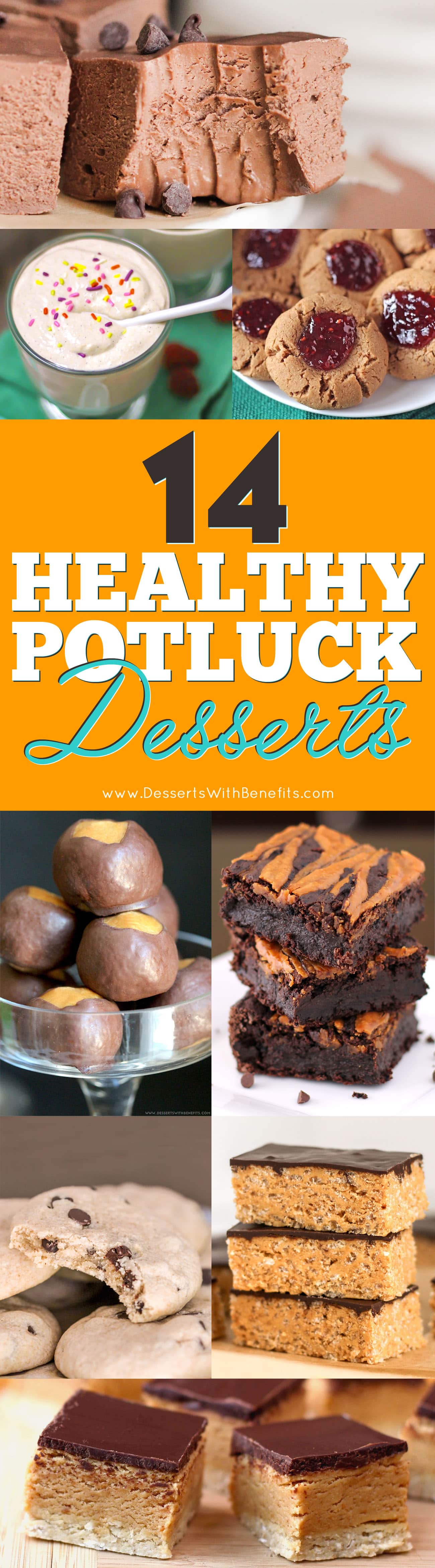 Healthy Potluck Dessert Recipes: Potlucks don't have to be unhealthy when you've got these 14 tasty and healthy potluck dessert recipes! They're perfect for all types of get togethers, potlucks, and parties, and they’re guaranteed to please a crowd -- Healthy Dessert Recipes at Desserts with Benefits