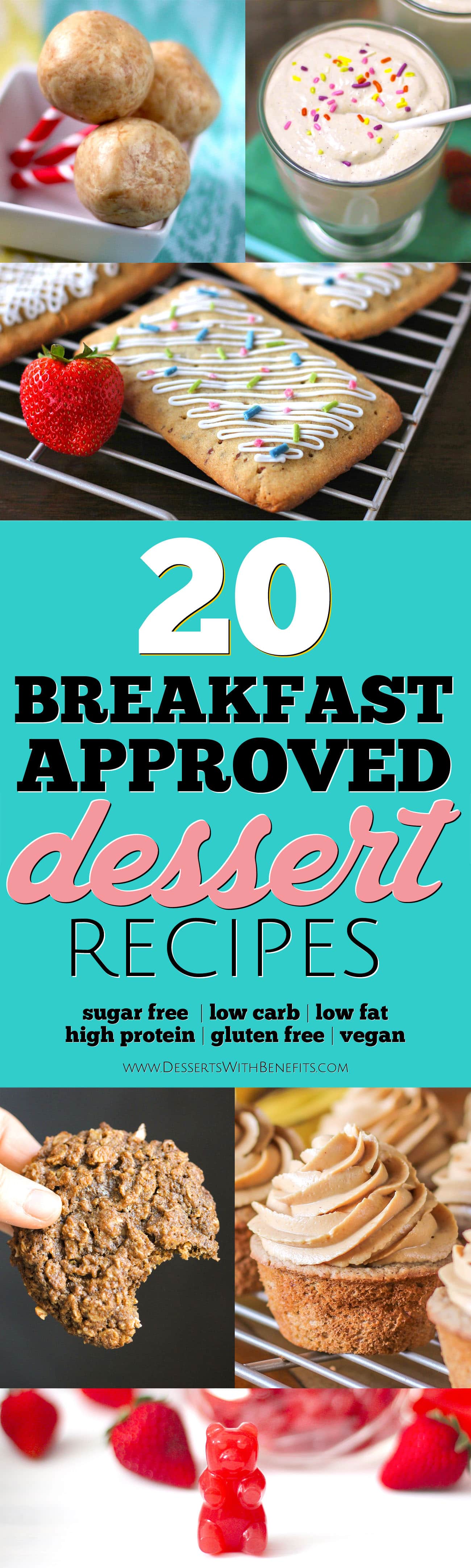 20 Healthy Desserts You Can Eat For Breakfast! From Homemade Pop Tarts to Fudge Brownies to Cupcakes and more... and yes, they're ALL breakfast-approved! With refined sugar free, low carb, low fat, high protein, gluten free, and vegan options, this roundup is for everyone!