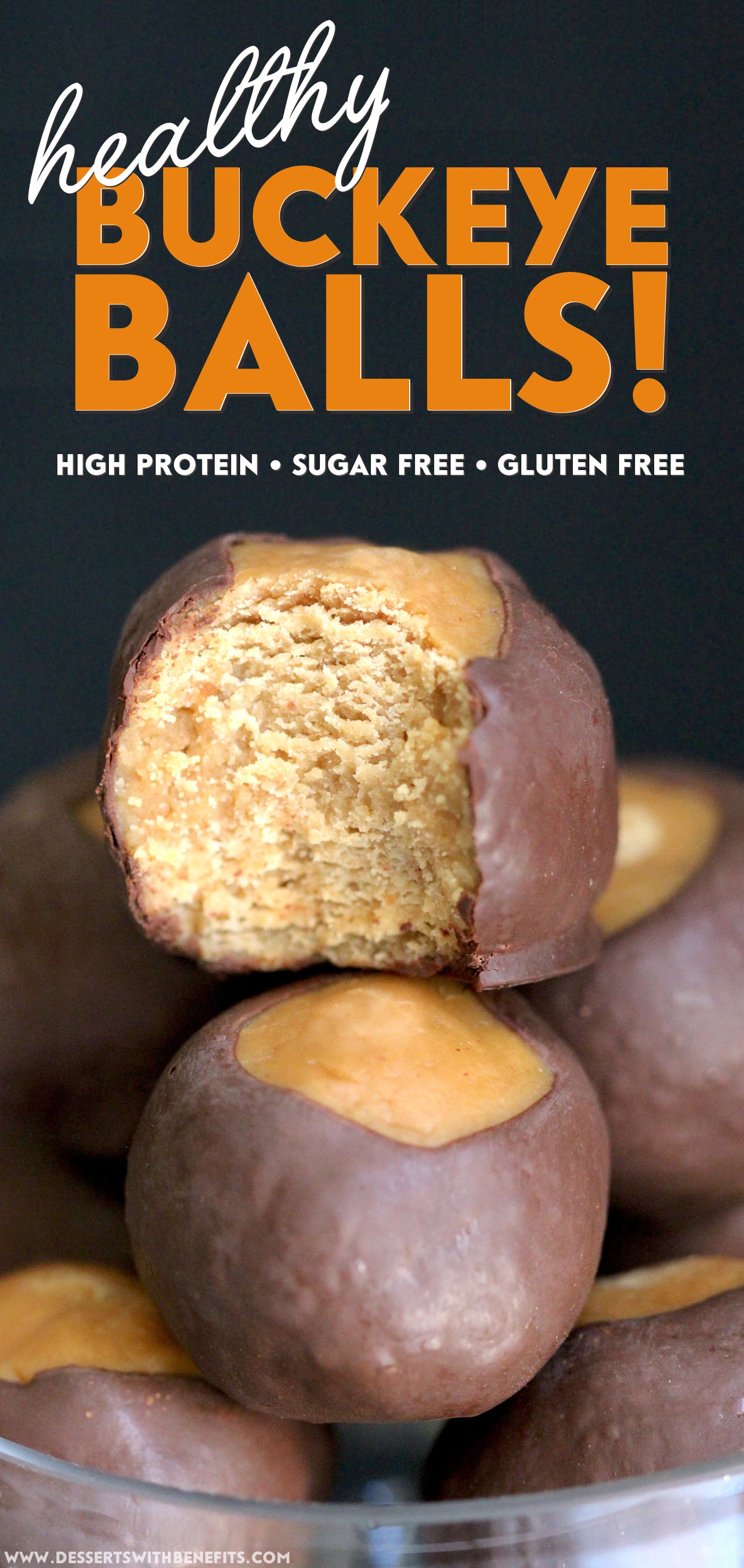 These Healthy Buckeye Balls are sweet and fudgy, peanut buttery orbs of magic surrounded by a layer of rich and decadent dark chocolate. It’s hard to believe they’re refined sugar free, low carb, high protein, and gluten free! Healthy Dessert Recipes at Desserts with Benefits