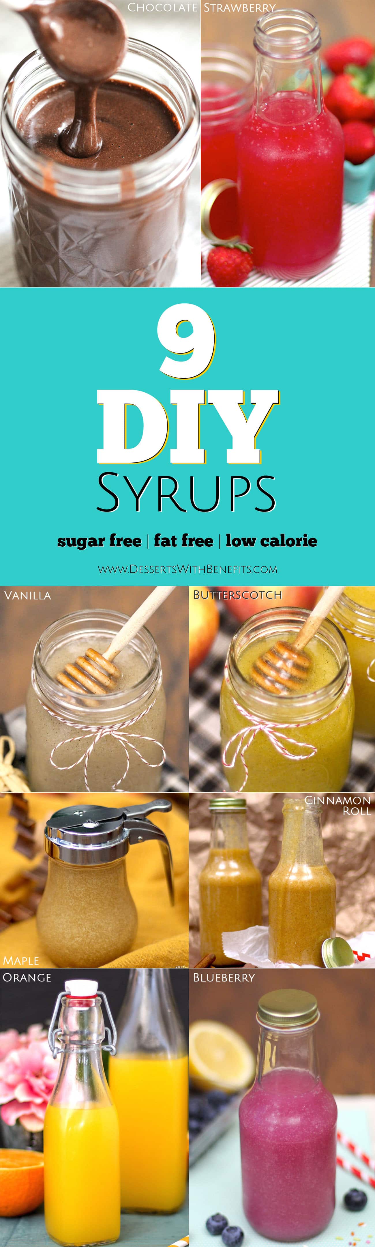 9 super SIMPLE, QUICK and EASY DIY Syrups! These guilt-free recipes are sweet and delicious, yet sugar free, fat free, low calorie, and all natural (but they sure don’t taste guilt-free)! Healthy DIY Recipes at Desserts with Benefits