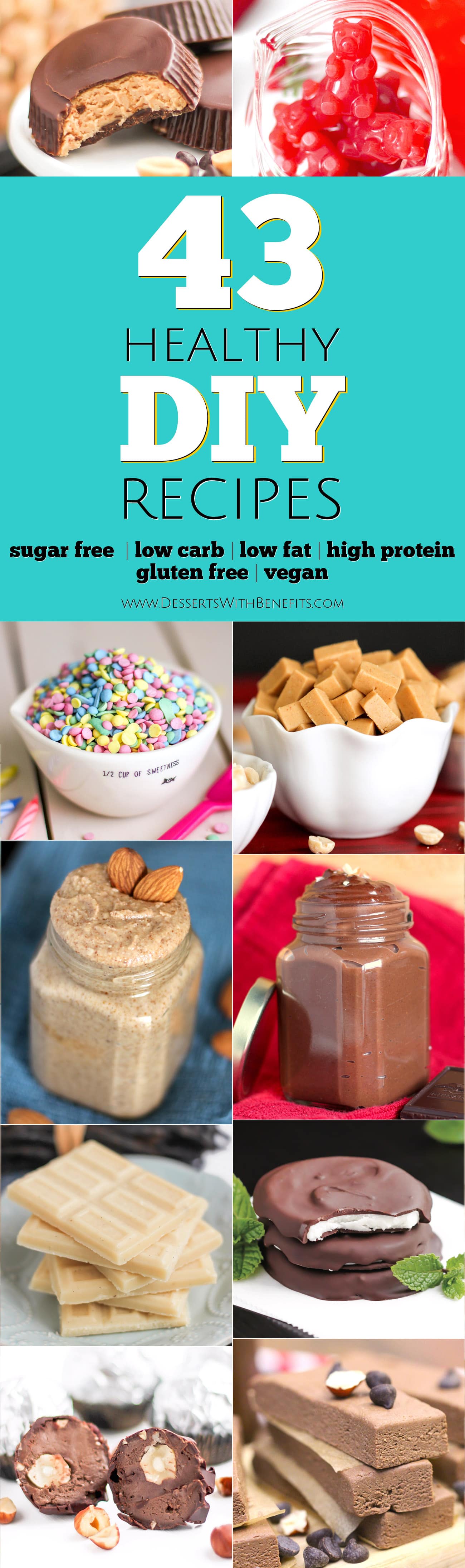 Here are 43 Healthy DIY Recipes that taste just as good as (or better than!) the originals. If you've ever wanted to make your favorite foods at home, and make them healthy while you're at it, then this post is written for YOU! We've got DIY Nut Butters, Rainbow Sprinkles, Nutella, Gummy Bears, Candy Bars (yes, seriously), DIY Protein Bars, and way more – Healthy Dessert Recipes at Desserts with Benefits