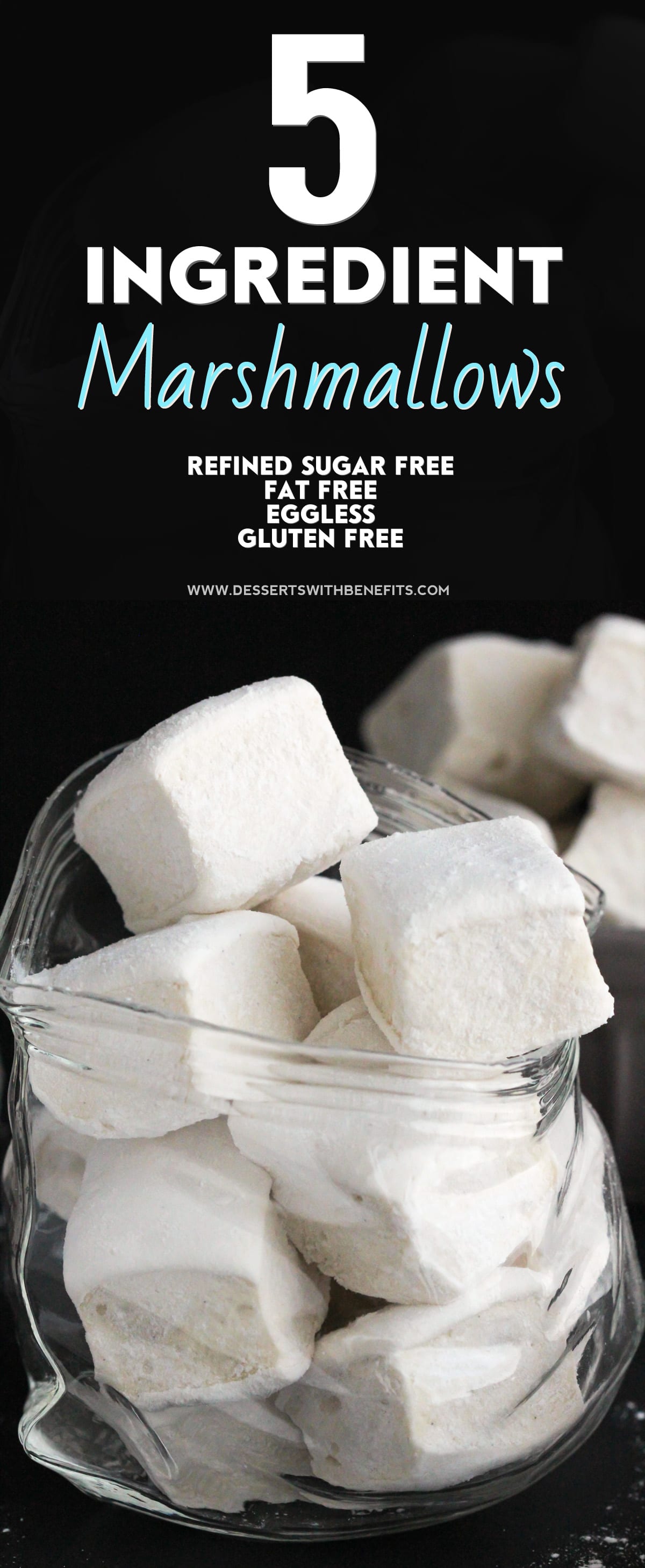 This recipe for Healthy Homemade Marshmallows is SUPER quick and easy, and just 5 simple ingredients! You’d never know that these fluffy marshmallows are all natural, refined sugar free, fat free, eggless, and gluten free -- Healthy Dessert Recipes at Desserts with Benefits