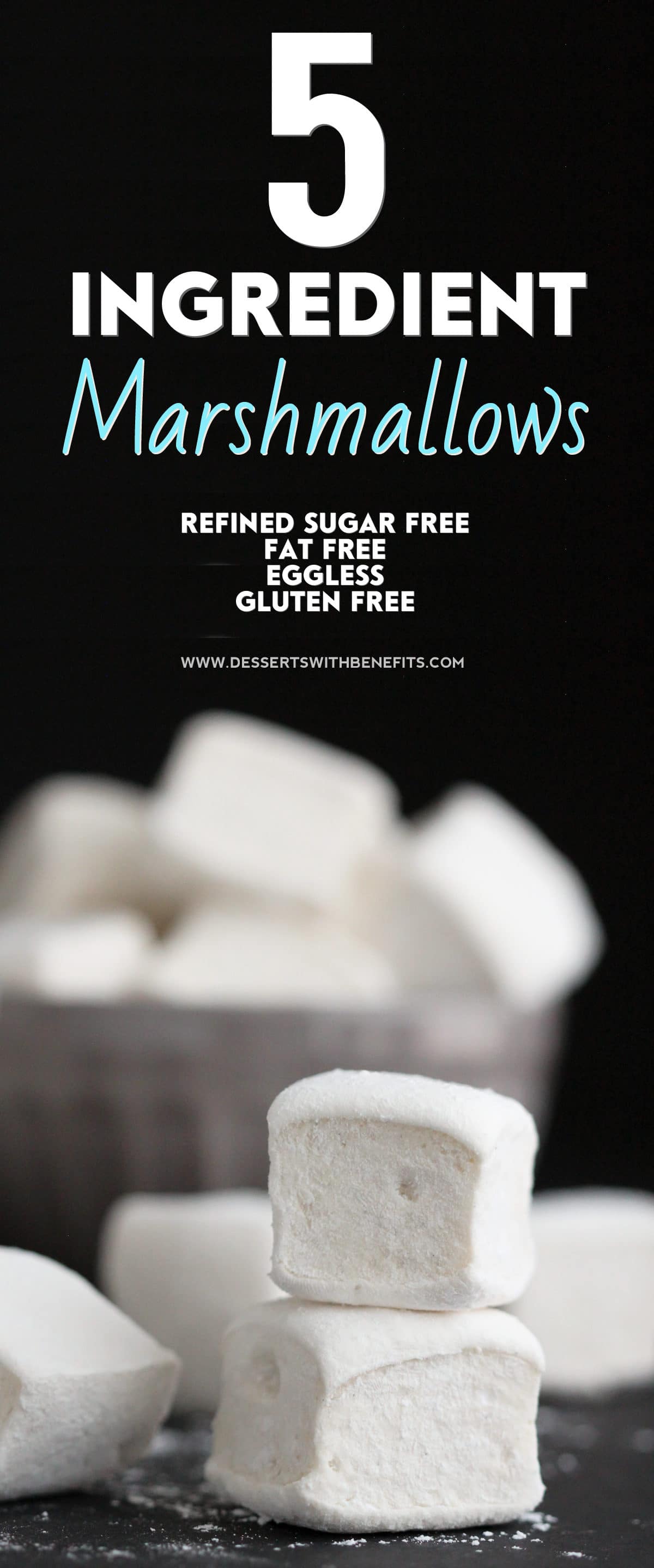 This recipe for Healthy Homemade Marshmallows is SUPER quick and easy, and just 5 simple ingredients! You’d never know that these fluffy marshmallows are all natural, refined sugar free, fat free, eggless, and gluten free -- Healthy Dessert Recipes at Desserts with Benefits